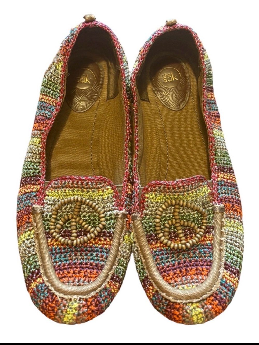 The Sak Multicolor Crochet Peace Sign Loafers Boho Hippie Flats